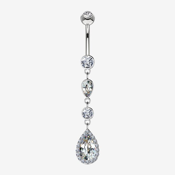 14 Karat White Gold Brilliant Teardrop Cascading Sparkle Belly Button Ring - Picture 2 of 2